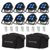 8x Eliminator Mega Hex Par 4 x 20W RGBLA+UV Uplighter inc bag