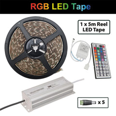 Lyyt 5m RGB 12V LED Tape with 44 Button IR Controller, Power Supply & Connectors
