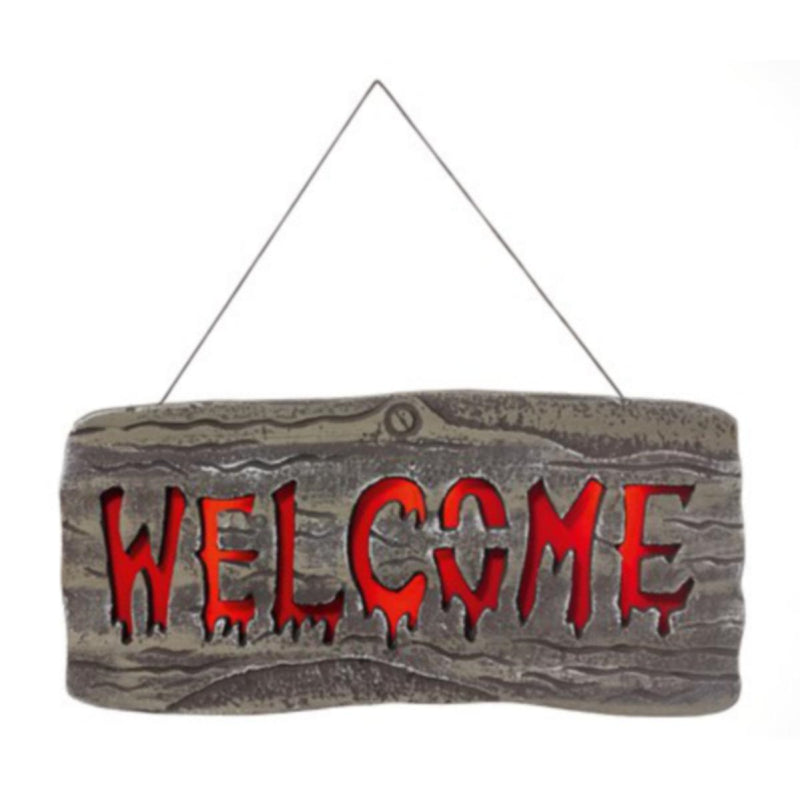 Halloween 50 cm Türschild „Willkommen“ mit rotem LED-Licht, gruselige
