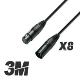 8x Roar 3M DMX Cable XLR Female - XLR Male Black 110 Ohm 300cm