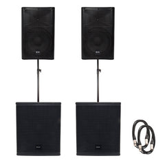 2x QTX QUEST-12A 12" Active PA Cabinet 720W + 2x CASA15BA 15" Active Sub 1800W & Poles