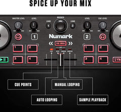 Numark DJ2GO2 Touch Compact 2 Deck USB DJ Controller inkl. NWAVE 360 Monitor-Lautsprecher-Paket