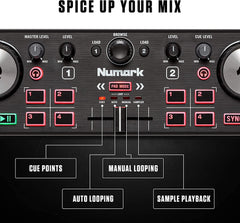 Numark DJ2GO2 Touch Compact 2 Deck USB DJ Controller inc NWAVE 360 Monitor Speakers Bundle