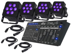 4x LEDJ Slimline 7 HEX 6 Uplighters inc. DMX Controller and Cables