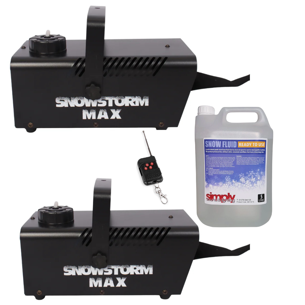 Snow Machine Injectorl 2x Snowstorm Max 500W Snow Machine inc 5L Snow Fluid & Wireless Remote ...