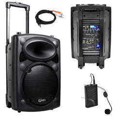 QTX QR10PA Portable PA System with VHF Wireless Headset Microphone | Battery Powered Speaker + iPod Connection Cable