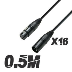 16x Roar 0.5M DMX Cable XLR Female - XLR Male Black 110 Ohm 50cm