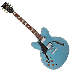 Vintage VSA500 ReIssued Left-Handed Semi-Acoustic Guitar – Limited Edition in Gun Hill Blue with Dual WOCHB Humbuckers