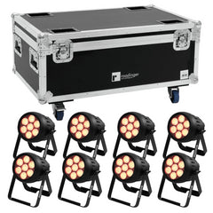 8x Spot Eurolite LED IP PAR 7x10W RGBL avec Flightcase