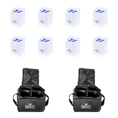 8x LEDJ Rapid QB1 Wireless LED Uplighter (RGBW) in White Housing inc. Carry Bags