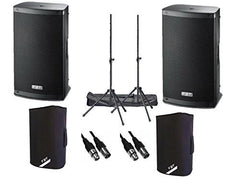 2 haut-parleurs actifs FBT Xlite 15" 1000 W avec housses rembourrées, supports, sacs de transport et câbles