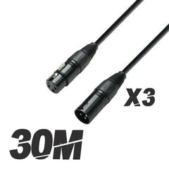 3x Roar 30M DMX Cable XLR Female - XLR Male Black 110 Ohm 3000cm