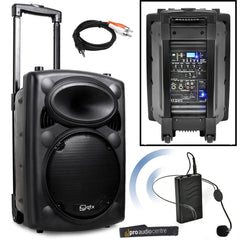 QTX QR10PA Portable PA System with VHF Wireless Headset Microphone | Battery Powered Speaker + iPod Connection Cable