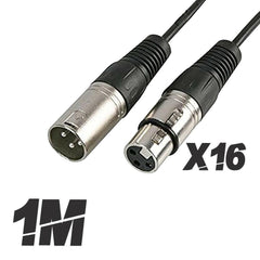 16x Roar 1M Microphone Cable XLR Female - XLR Male Black 100cm