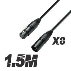 8x Roar 1.5M DMX Cable XLR Female - XLR Male Black 110 Ohm 150cm
