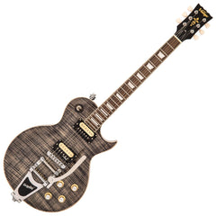 Vintage V100 Guitar - Black Flamed Maple With Bigsby
