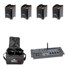 4x LEDJ Rapid QB1 Wireless LED Uplighter (RGBA) in Black Housing inc. DMX Controller and Carry Bag
