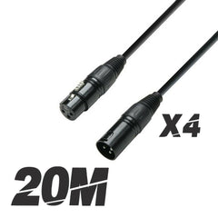 4x Roar 20M Câble DMX XLR Femelle - XLR Mâle Noir 110 Ohm 2000cm