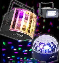 Party Light Sound Lot de 3 effets de lumière LED Derby Mirrorball Strobe DJ Disco Éclairage de fête