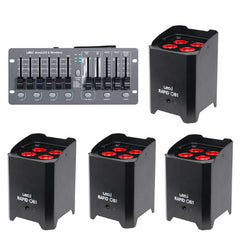 4x LEDJ Rapid QB1 Hex LED Uplighter Battery inc Wireless DMX Controller