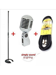 Microphone de style rétro vintage argenté + pied de micro et câble de 6 m
