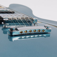 Vintage VSA500 ReIssued Left-Handed Semi-Acoustic Guitar – Limited Edition in Gun Hill Blue with Dual WOCHB Humbuckers
