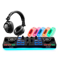 Hercules DJ Party Set comprenant un contrôleur Starlight, des écouteurs et des bracelets LED Configuration disco