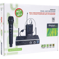 Ibiza Sound DR20UHF-HB DUAL UHF Receiver With Belt-Clip, Headset & Tie-Clip Mics – 863.9 & 864.9MHz