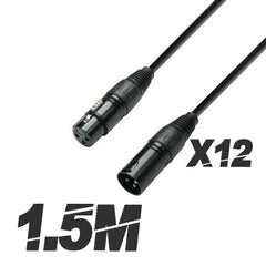 12x Roar 1.5M DMX Cable XLR Female - XLR Male Black 110 Ohm 150cm