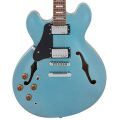 Vintage VSA500 ReIssued Left-Handed Semi-Acoustic Guitar – Limited Edition in Gun Hill Blue with Dual WOCHB Humbuckers