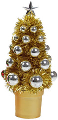 21cm Christmas Mini Tinsel Tree, Gold Tree with Silver Baubles & Star