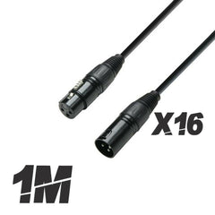 16x Roar 1M DMX Cable XLR Female - XLR Male Black 110 Ohm 100cm