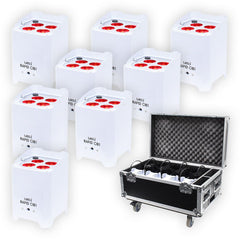 8x LEDJ White Rapid QB1 Hex LED Uplighter Battery Wireless Lighting + Charging Flightcase