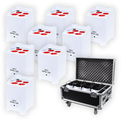 8x LEDJ White Rapid QB1 Hex LED Uplighter Batterie Éclairage sans fil + Flightcase de chargement