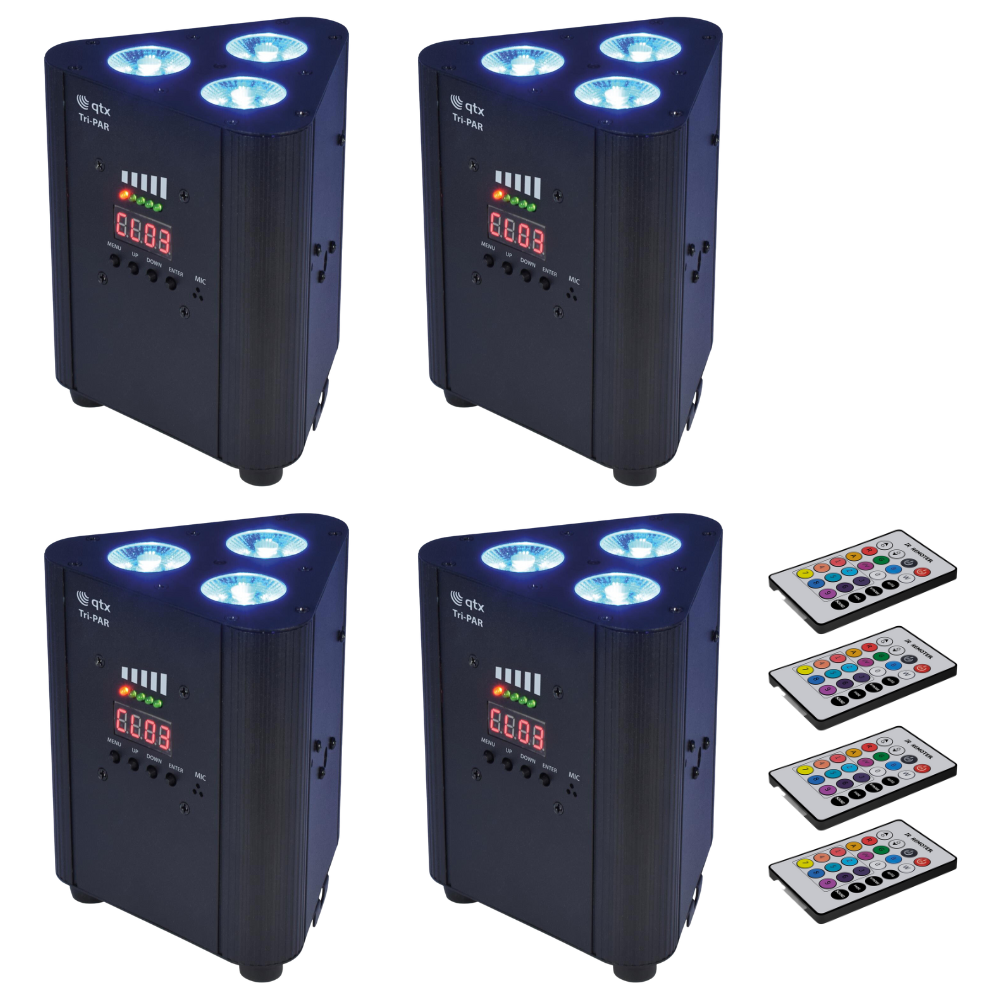 4x QTX Tri-PAR Battery LED Uplighter Triangle PAR RGBW inc Remote ...