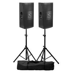 2x BST BMT312 Active 3-Way 12" 800W RMS Speaker Box with DSP & Triple Class D Amplification Inc Stands