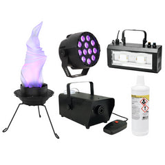 Halloween-Partypaket 3 – Flammen- und Rauchmaschinen inkl. Flüssigkeit, UV- und Stroboskoplichter