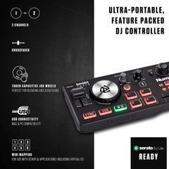 Numark DJ2GO2 Touch Compact 2 Deck USB DJ Controller inkl. NWAVE 360 Monitor-Lautsprecher-Paket