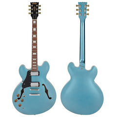 Vintage VSA500 ReIssued Left-Handed Semi-Acoustic Guitar – Limited Edition in Gun Hill Blue with Dual WOCHB Humbuckers