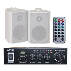 LTC MFA-1200 Stereo-HiFi-Verstärker und 2 x weiße Lautsprecher, 100-W-Soundsystem