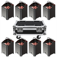 8x Thor LED Battery LED Uplighter 6x 18W RGBAUV DMX App Control inc charging flightcase