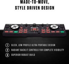 Numark DJ2GO2 Touch Compact 2 Deck USB DJ Controller inc NWAVE 360 Monitor Speakers Bundle