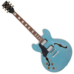 Vintage VSA500 ReIssued Left-Handed Semi-Acoustic Guitar – Limited Edition in Gun Hill Blue with Dual WOCHB Humbuckers