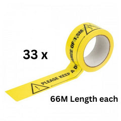 33x Social Distancing Adhesive Tape 1.5M Yellow Black Hazard 66M Length